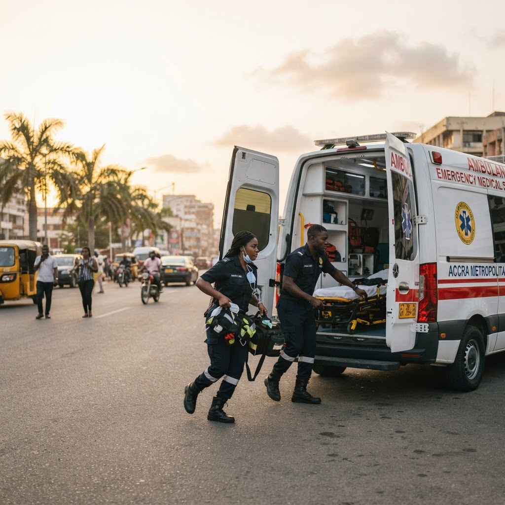 AmbuLync paramedics responding with a modern ambulance in Accra, Ghana